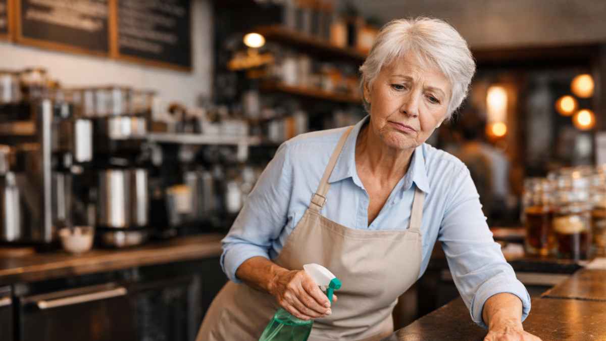 Jubilada limpiando el mostrador en una cafetería de un área de servicio, imagen relacionada con indemnización por jubilación.