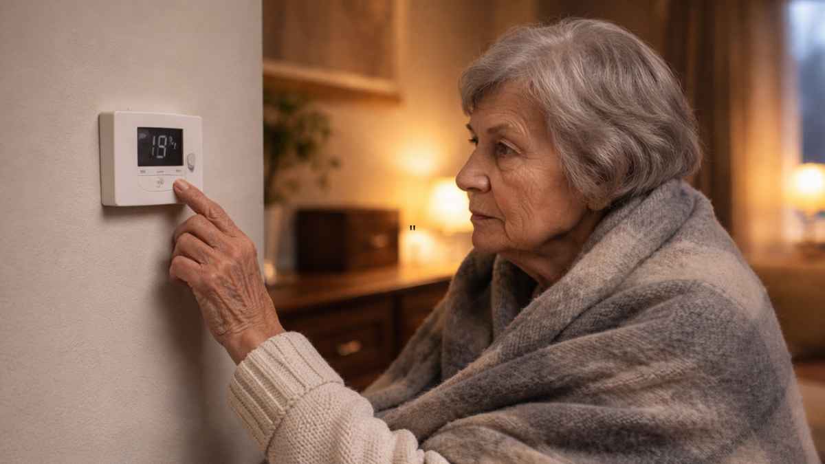 Mujer mayor envuelta en una manta ajustando el termostato para ahorrar calefacción en casa