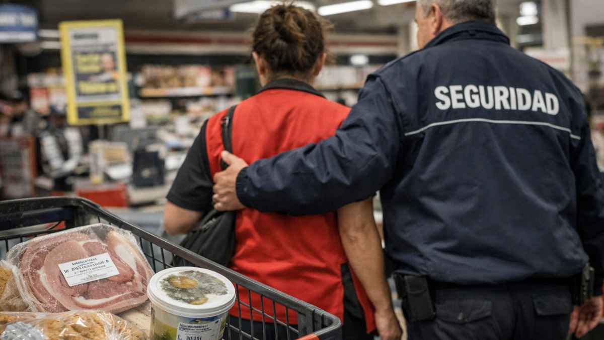 Vigilante de seguridad acompaña a una trabajadora de supermercado junto a un carro con productos caducados tras su despido por venderlos a un cliente
