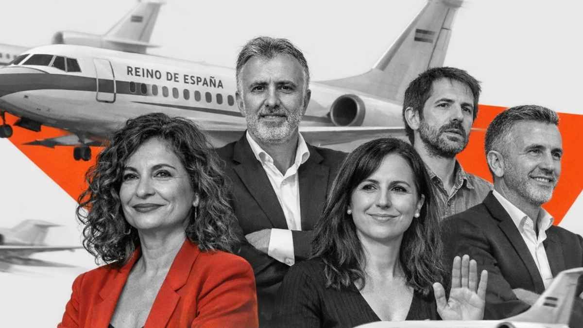Fotomontaje en blanco y negro de varios políticos con aviones oficiales y fondo naranja, asociado a viajes pagados con dinero público en viernes y sábado.