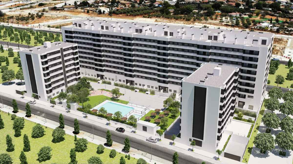 Render de la promoción VÍA ÁGORA Ceiba en Entrenúcleos, Dos Hermanas, con piscina comunitaria y edificios de viviendas VPO