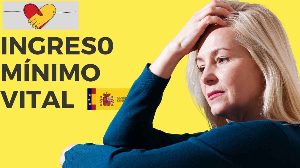 Mujer preocupada junto al texto Ingreso Mínimo Vital por la obligación de presentar la declaración de la Renta