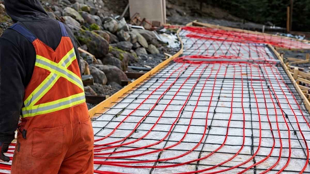 Trabajador construyendo una carretera calefactada con cables rojos para evitar el hielo y la nieve en una urbanización de lujo