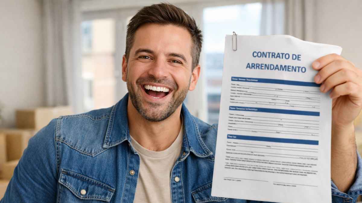 Inquilino sonriente mostrando un contrato de arrendamiento sobre la prórroga obligatoria del alquiler en España desde 2019