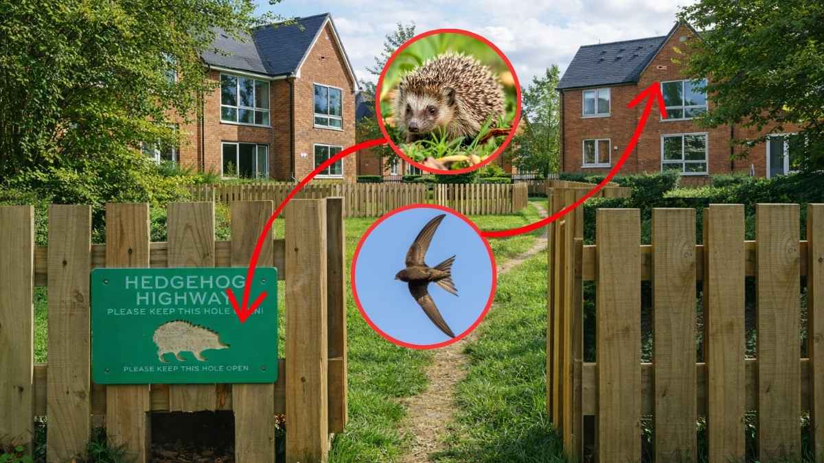 Imagen de viviendas modernas con autopistas para erizos y ladrillos nido para aves, diseñados para promover la fauna urbana