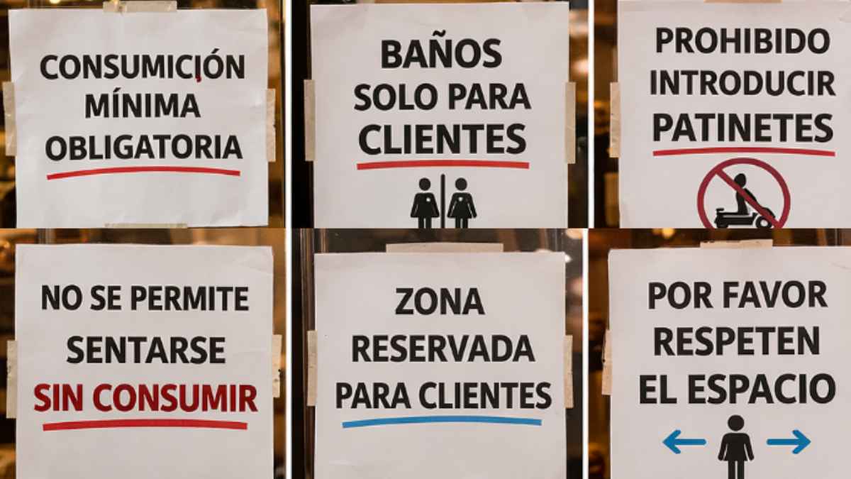 Carteles con normas en un bar español como consumición mínima, baños solo para clientes y prohibido introducir patinetes
