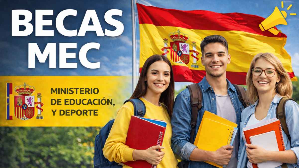 Estudiantes junto a un cartel de becas MEC 2026-2027 del Ministerio de Educación