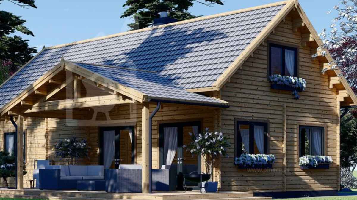 Casa prefabricada de madera con porche cubierto, dos plantas y 132 metros cuadrados por 35.995 euros