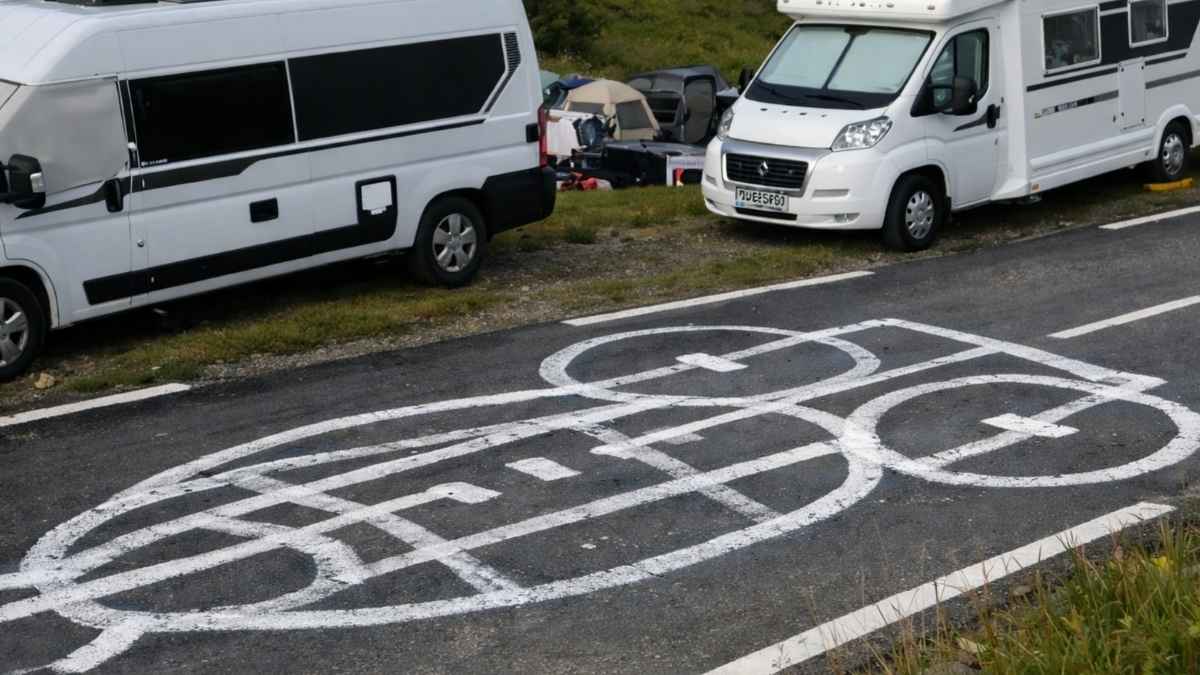 Pintada ofensiva en el asfalto de una etapa del Tour de Francia junto a dos autocaravanas aparcadas