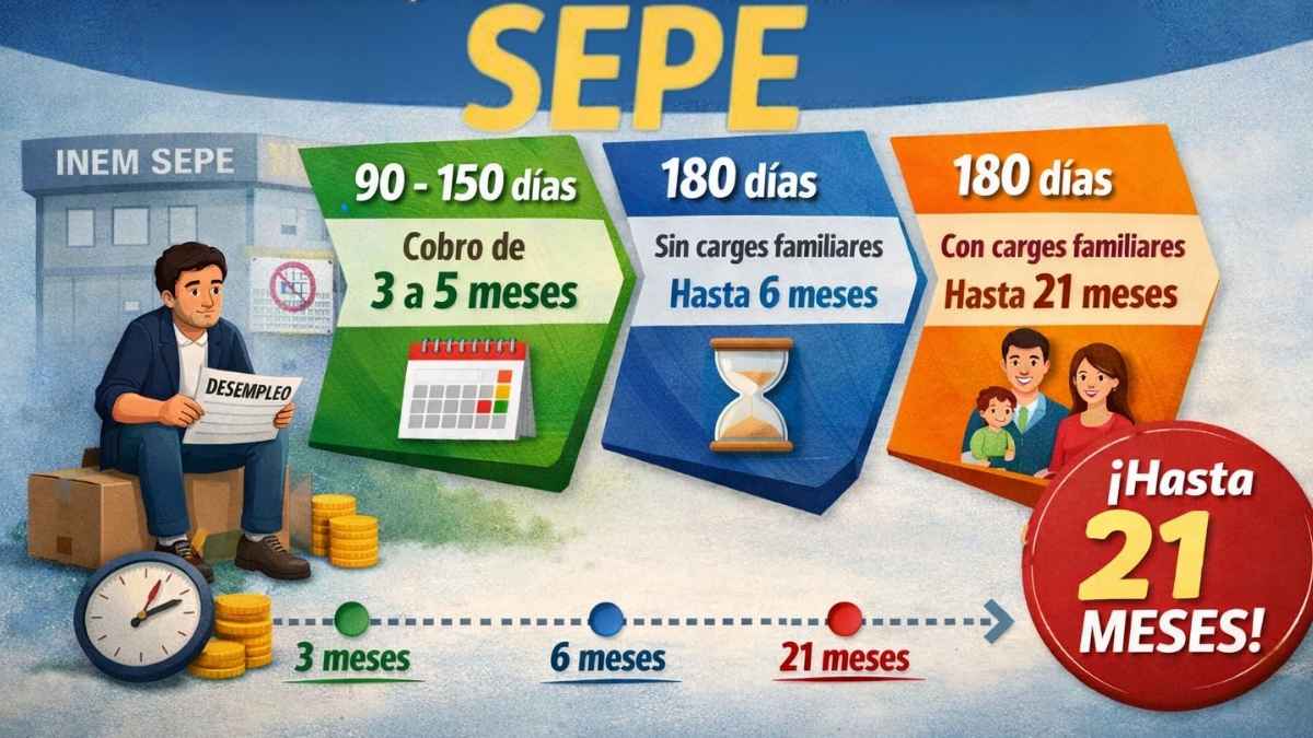 Infografía del SEPE sobre la duración del subsidio por insuficiencia de cotización con 90 a 150 días, 180 días sin cargas y hasta 21 meses con cargas familiares