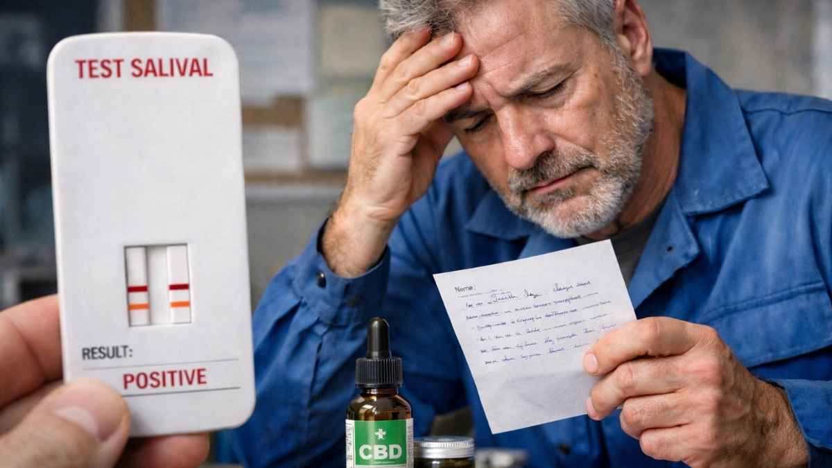 trabajador preocupado tras dar positivo en THC en test salival mientras sostiene receta médica y producto de CBD