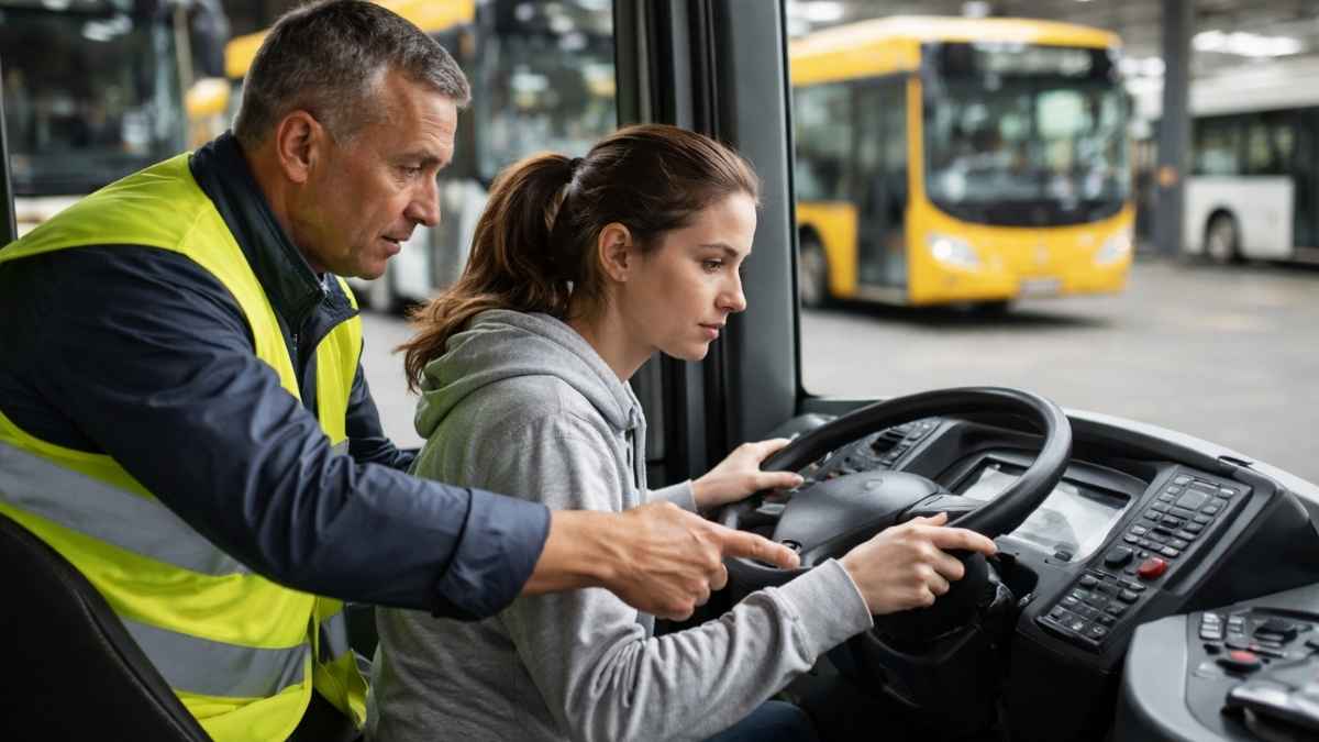 Conductor con chaleco reflectante instruye a una mujer mientras practica la conducción de un autobús en unas cocheras