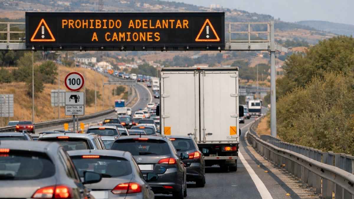 Atasco en una autovía española con un camión delante y panel luminoso con el aviso Prohibido adelantar a camiones