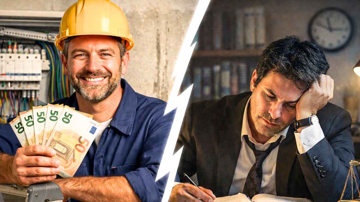 Un electricista muestra billetes de 50 euros frente a un abogado agotado en su despacho