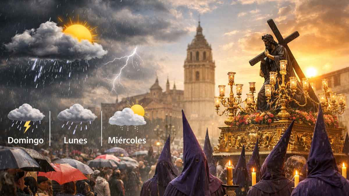 Procesión de Semana Santa en España bajo la lluvia junto a un pronóstico meteorológico con riesgo de chubascos en Domingo, Lunes y Miércoles