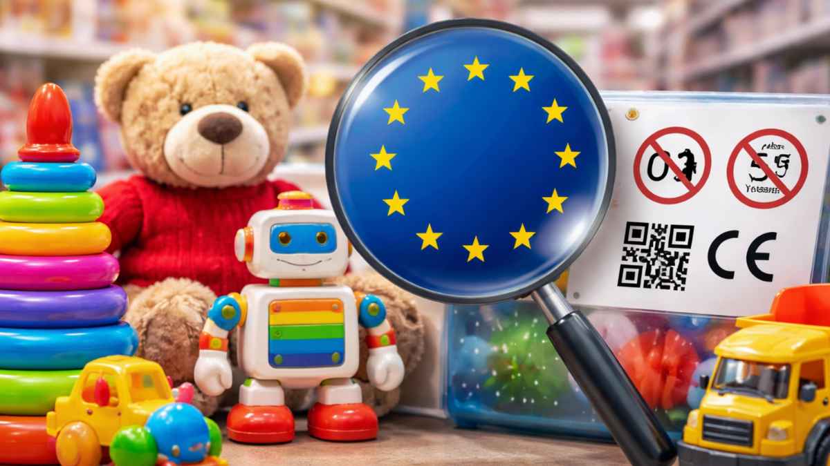 Juguetes infantiles en una tienda con lupa y símbolo de la UE junto a etiqueta con código QR y marcado de seguridad