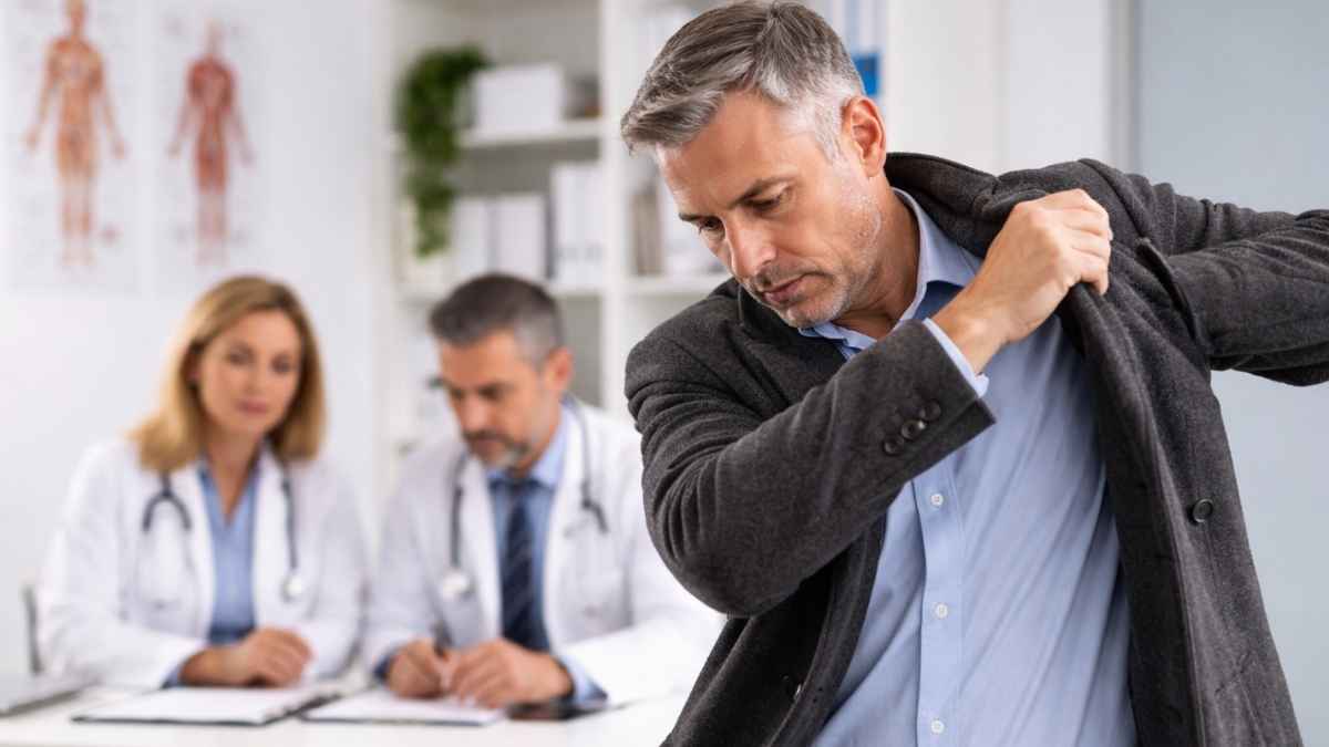Hombre poniéndose el abrigo al salir de una consulta médica ante la mirada del tribunal médico