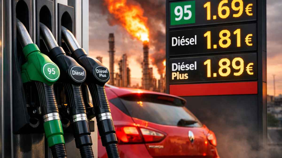 Precio del diésel y la gasolina en una gasolinera con panel de precios tras la subida del combustible por la guerra