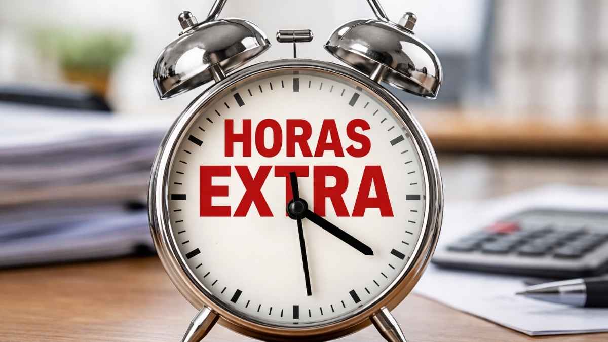Reloj despertador metálico con la inscripción 'HORAS EXTRA' en su cara, colocado sobre una mesa de oficina con papeles y calculadora