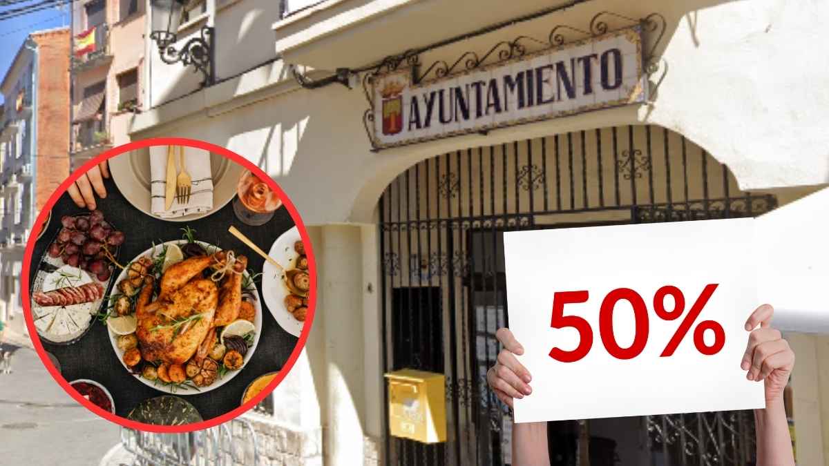 Ayuntamiento de Montanejos con una imagen de comida y un cartel del 50% por la ayuda al comedor para jubilados