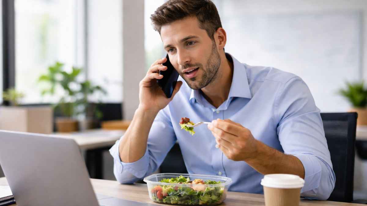 Trabajador comiendo en su mesa mientras habla por teléfono y sigue atendiendo asuntos laborales