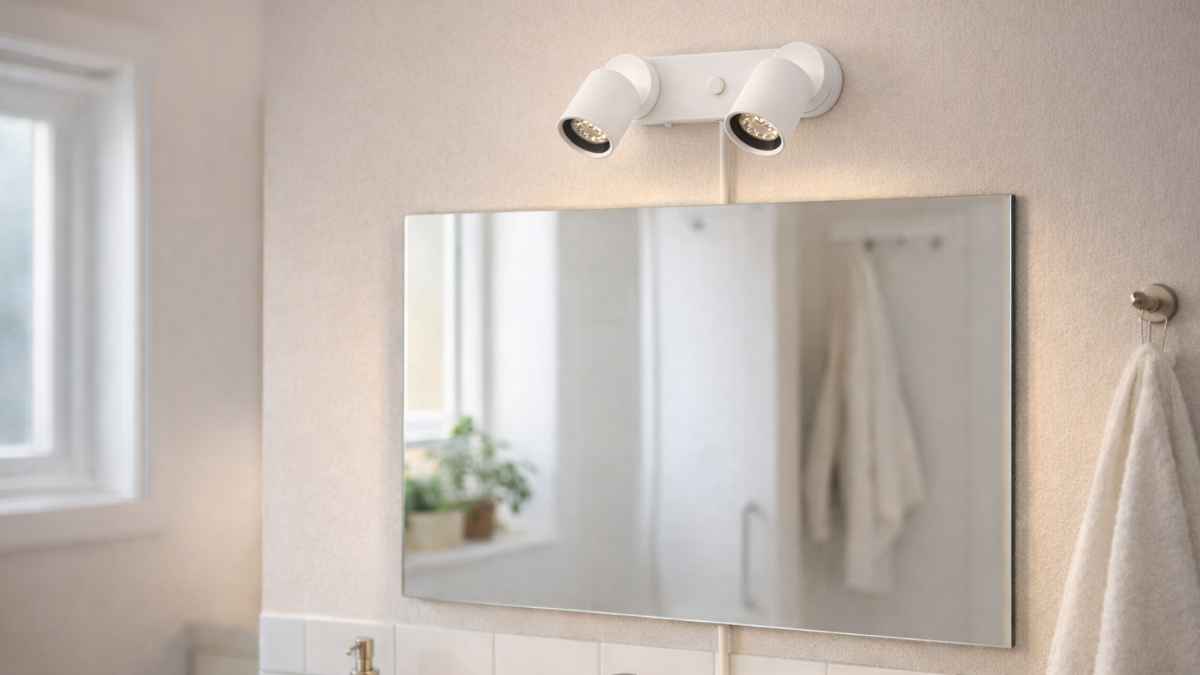 Lámpara de pared Ikea Nymåne doble blanca instalada sobre un espejo de baño