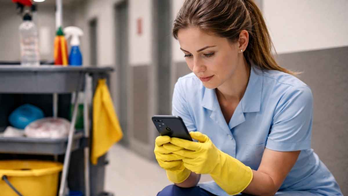 Mujer limpiadora en uniforme azul y guantes amarillos usando un teléfono móvil mientras su carrito de limpieza está a su lado en un pasillo comercial
