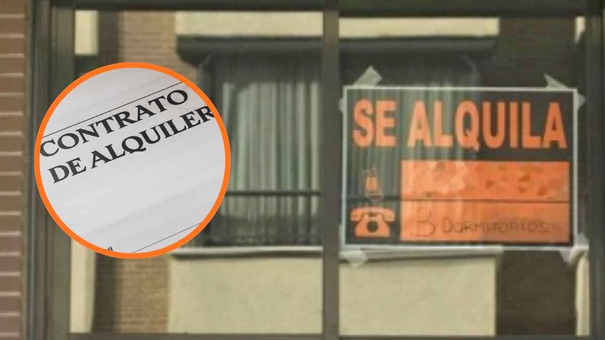 Cartel de “Se alquila” en una ventana y detalle de un contrato de alquiler, imagen sobre la prórroga del alquiler 2026-2027.