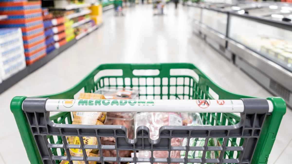 Carro de la compra de Mercadona en un supermercado tras la bajada de precio de productos básicos como los huevos