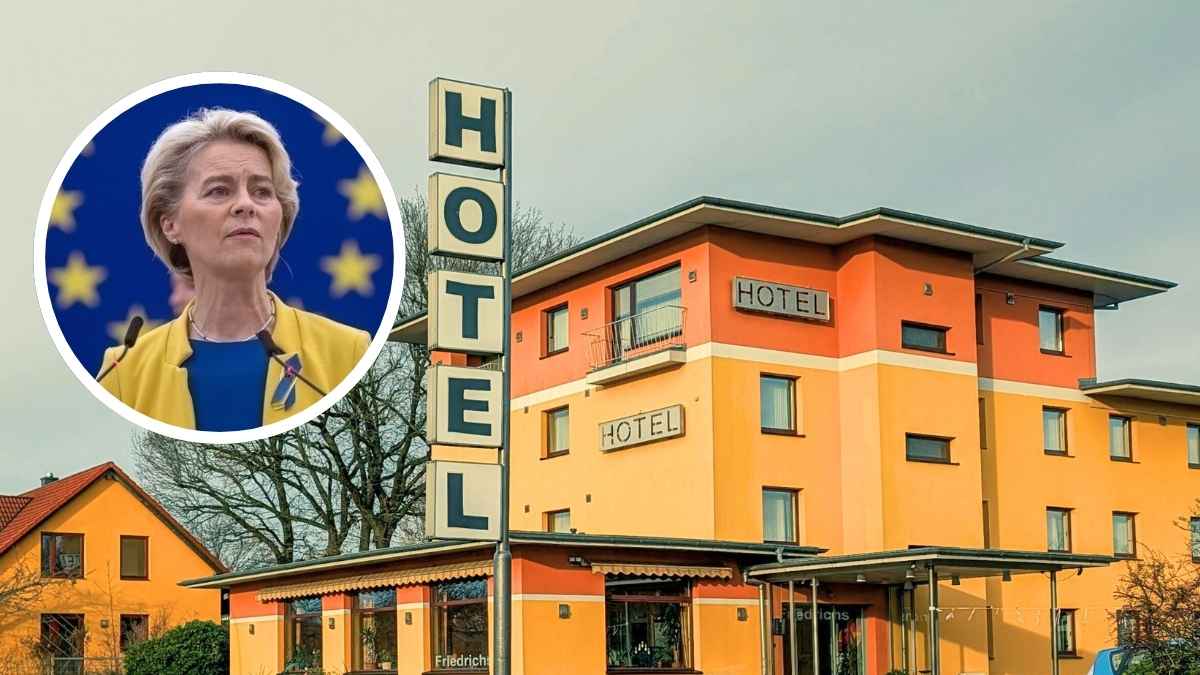 Hotel en Europa con imagen de una dirigente de la Unión Europea sobre la nueva normativa que eliminará los envases de gel y champú en hoteles a partir de 2030