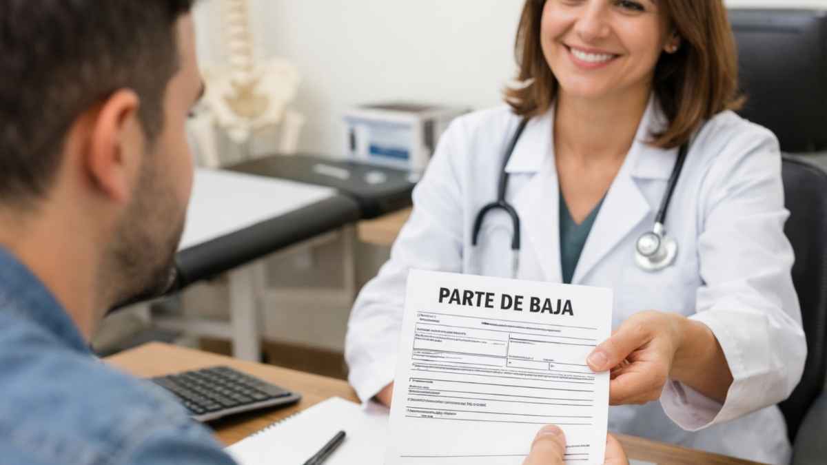Médico entrega el parte de baja médica a un trabajador durante una consulta en el centro de salud.