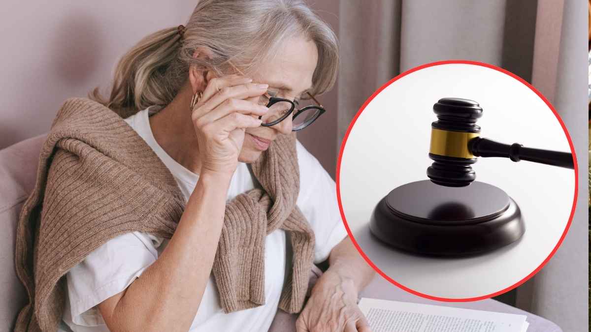 Una pensionista con incapacidad permanente revisando su documentación judicial junto a un mazo de juez, ilustrando el impacto fiscal de la sentencia del Supremo sobre los atrasos de pensión y el IRPF