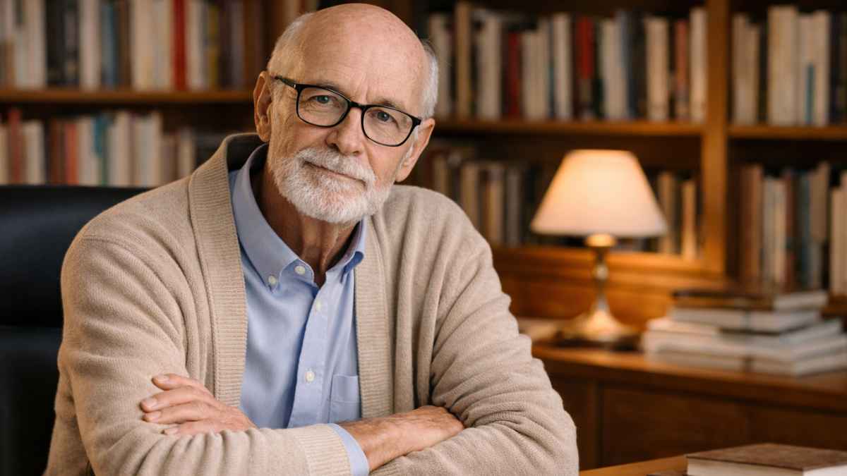 Profesor jubilado en su despacho de casa con gafas y libros en una estantería detrás