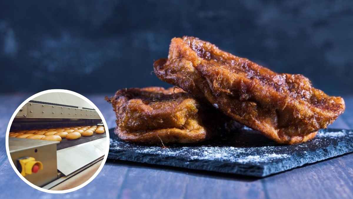 Torrijas caseras sobre pizarra con azúcar y, en un recuadro, una línea de panadería industrial con panes