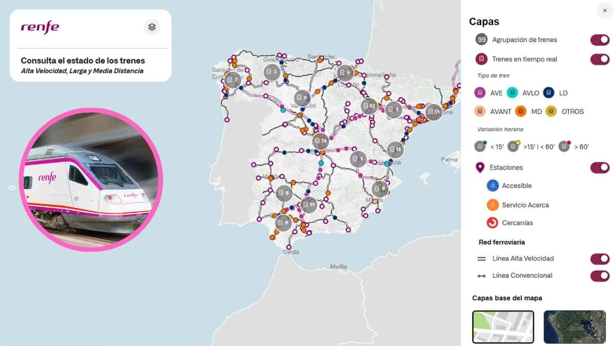 Mapa interactivo del visor en tiempo real de Renfe con trenes en circulación y capas de AVE, Avlo, LD, MD y estaciones