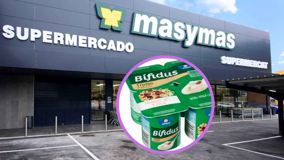 Fachada de supermercado Masymas con pack de yogures bífidus muesli y fibra Alteza afectado por alerta de AESAN para alérgicos