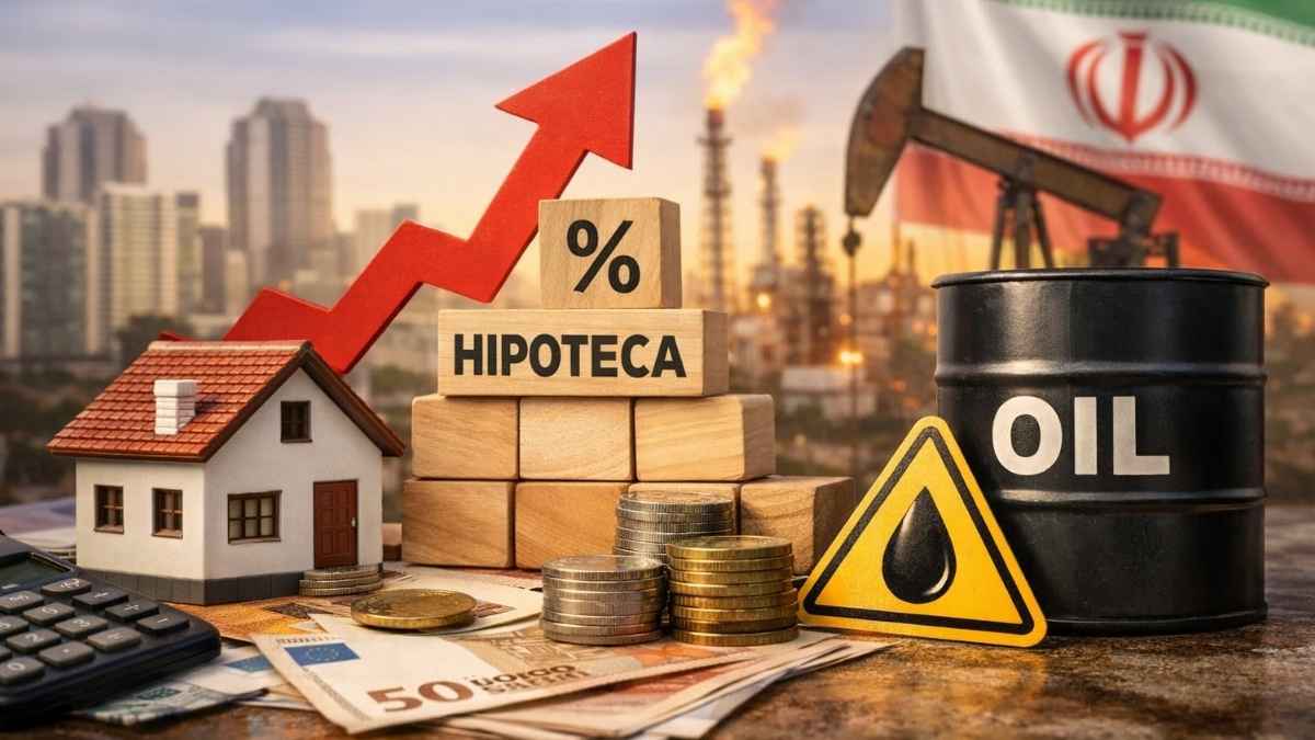 Imagen simbólica sobre el impacto de la crisis de Irán en España: aumento de hipotecas, precios del petróleo, y economía con el gráfico de subida, casa, billetes, y barril de petróleo