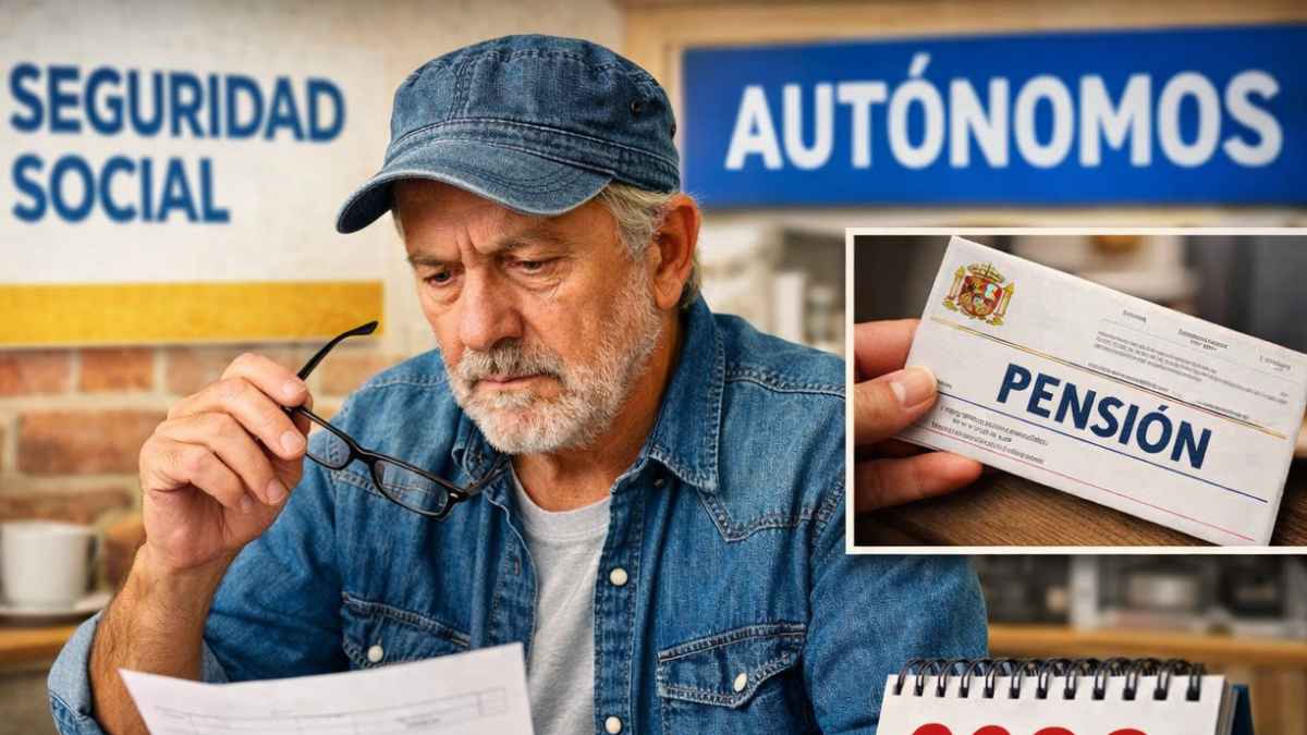 Autónomo revisando su pensión de jubilación en 2026 tras cotizar por la base mínima ante un cartel de la Seguridad Social