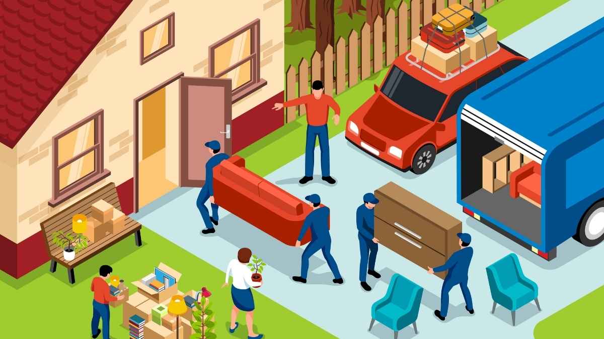 Ilustración de una mudanza con operarios trasladando muebles y cajas a un camión frente a una vivienda.
