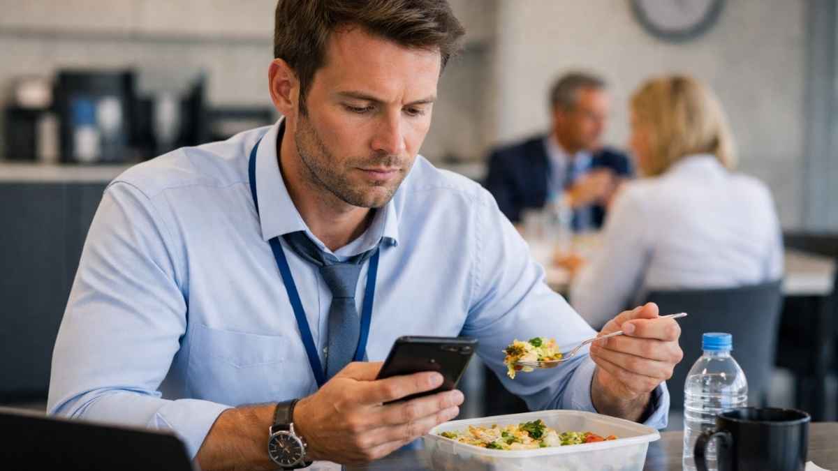 Trabajador comiendo mientras usa el móvil en su pausa laboral sin poder desconectar