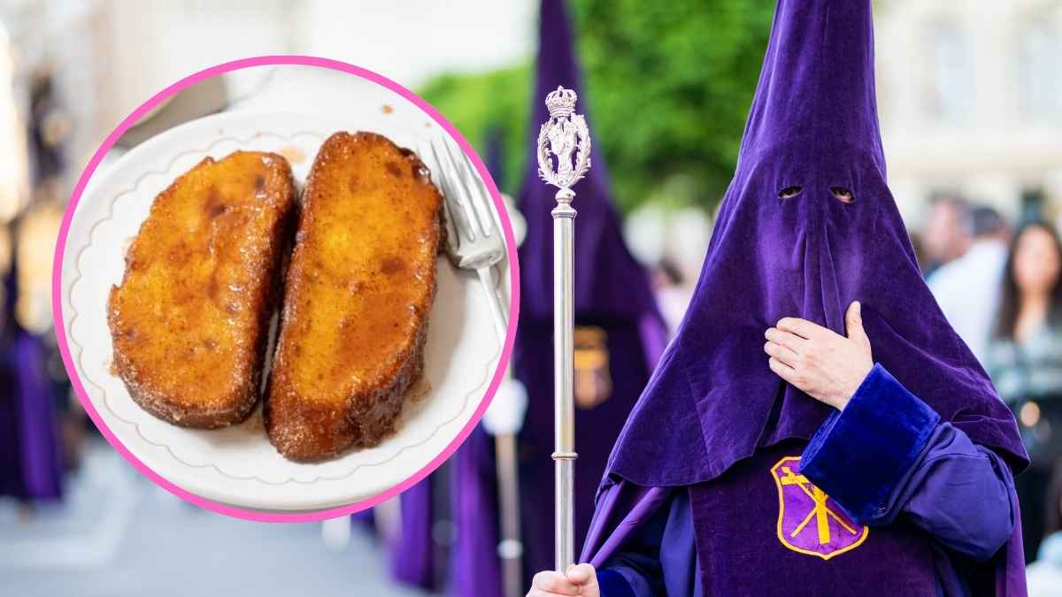 Torrijas de Semana Santa y nazareno en procesión en una imagen sobre el precio del cacao y del azúcar