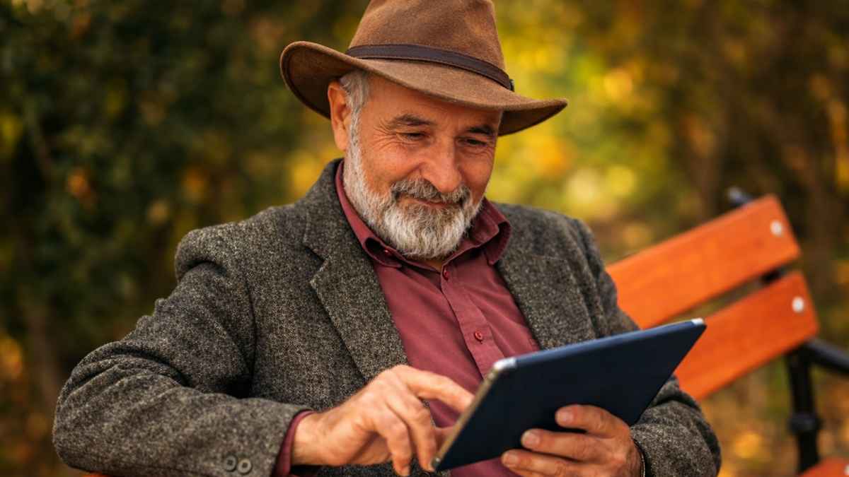 Hombre mayor usando una tablet en un banco mientras consulta información sobre el subsidio para mayores de 52 años