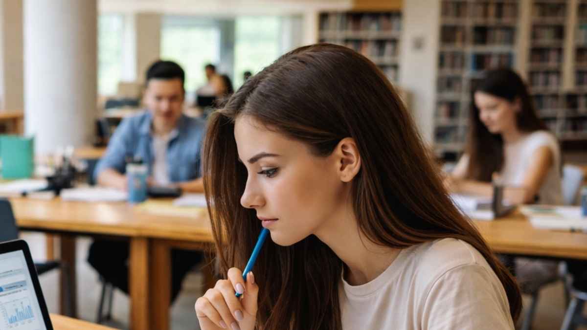 Estudiante universitaria en una biblioteca consultando en el portátil gráficos y apuntes para elegir carrera