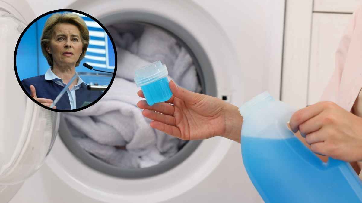 Lavadora y detergente líquido junto a la nueva normativa de la UE que prohíbe productos de limpieza ligados a ensayos con animales