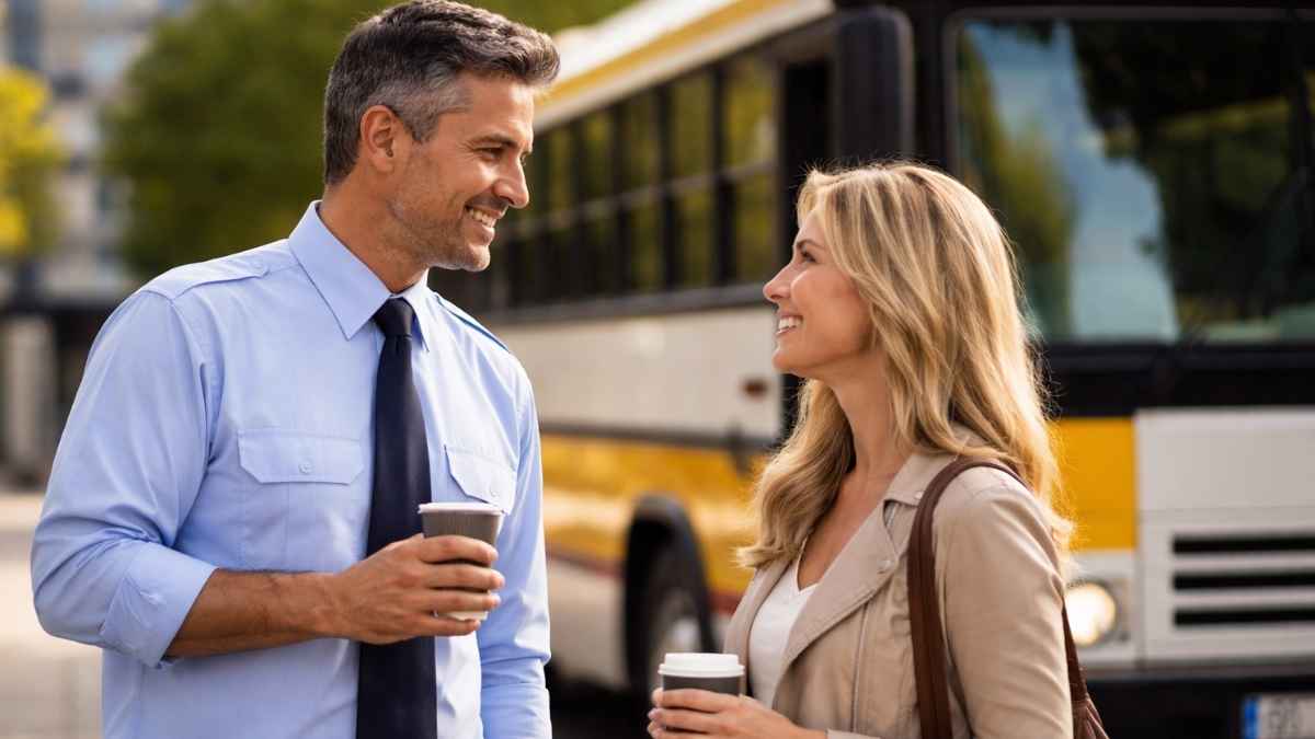 Conductor de autobús conversando con una mujer con café y el bus escolar aparcado al fondo