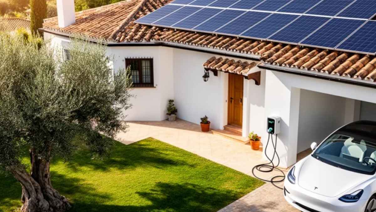 Casa con placas solares en el tejado y punto de carga para coche eléctrico en la entrada