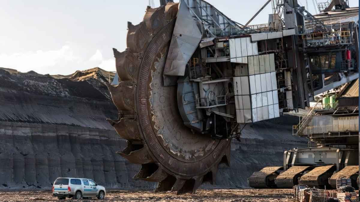 Imagen del Bagger 293, el vehículo terrestre más grande del mundo, con su rueda gigante en una mina de carbón alemana