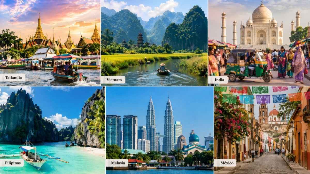 Collage de Tailandia, Vietnam, India, Filipinas, Malasia y México entre los países más baratos para vivir, comer y moverse
