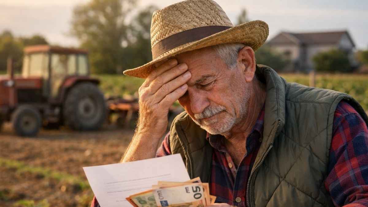 Jubilado en una explotación agraria revisando una notificación de la Seguridad Social