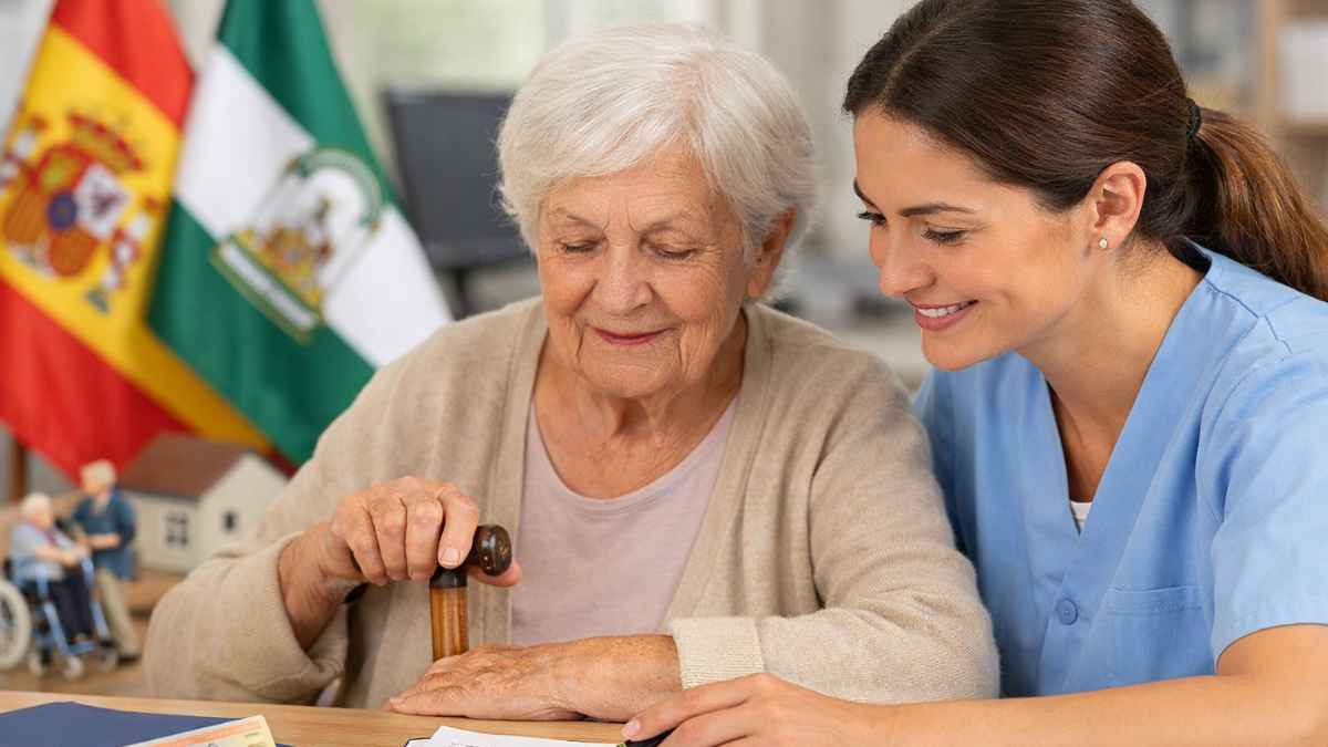Mujer mayor junto a una cuidadora durante la solicitud del reconocimiento de la dependencia en Andalucía